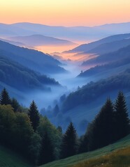Obraz premium Stunning morning mist rolling over green hills and forest in mountain valley