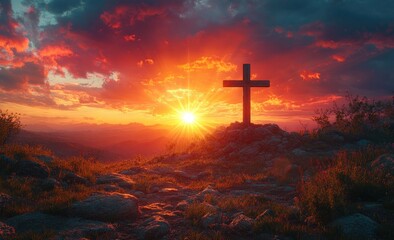 Fototapeta premium Sunset Cross on Rocky Peak - Jesus Christ Crucifixion Scene in Vibrant Colors