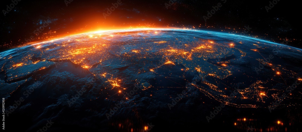 Aufkleber futuristic digital globe of asia with cyberpunk network and sunset illumination