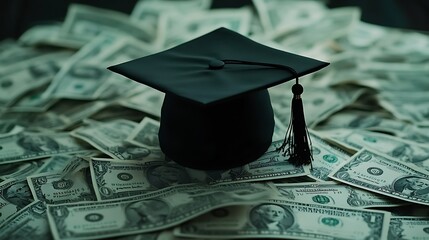 A black graduation cap rests atop a pile of dollar background
