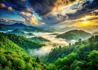 Misty mountains shrouded in an overcast sky, a panoramic view of a serene forest landscape.