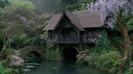 Obraz premium Picturesque Cottage by Serene Water Bridge Garden