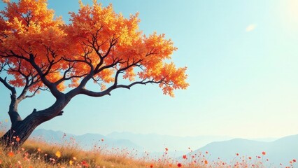 Serene Autumnal Landscape Solitary Tree with Golden Leaves Against a Misty Mountain Range and a Field of Delicate Wildflowers