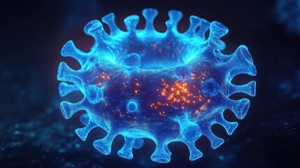 Hyper-realistic 3D Rendering of Virus with Neon Lighting Detailed Surface Against Dark Background Science Concept