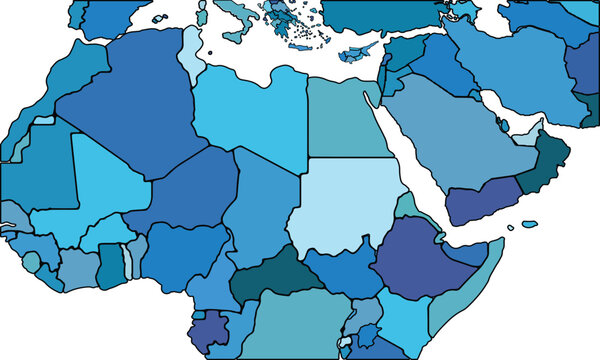 Middle East map with regions vector illustration,Middle East Political map and administrative divisions, vector illustration map of Middle East with borders, colorful map of Middle East.