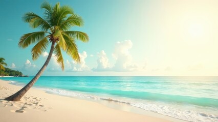 Fototapeta premium Serene Tropical Beach Scene Palm Tree Leaning Gracefully Over Pristine White Sand and Turquoise Waters Under a Gentle Sunny Sky