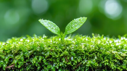 New sprout emerges from mossy ground in forest; nature rebirth