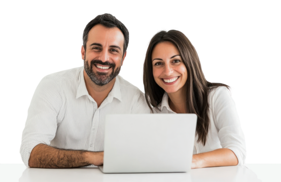 PNG Smiling man and woman with a laptop background together working.