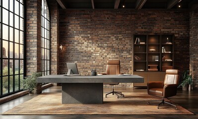 Modern Loft Office Interior with Rustic Brick Wall and Grey Desk