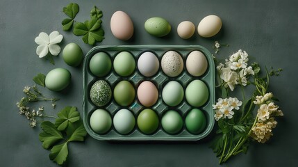 Easter eggs in various shades of green placed in a clover-shaped tray