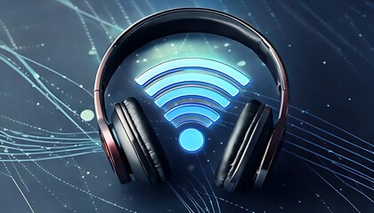 Wireless headphones sit on a dark surface with a glowing Wi-Fi symbol.