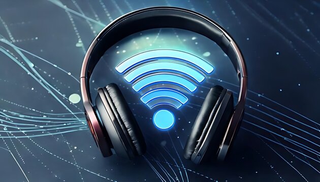 Wireless headphones sit on a dark surface with a glowing Wi-Fi symbol.