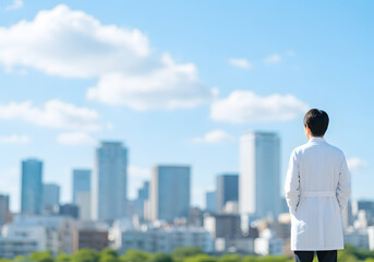 街を見つめる白衣姿の男性医師の背中。後ろ姿。青空背景｜The back of a male doctor in a white coat looking out at the city. Back view. Blue sky background.