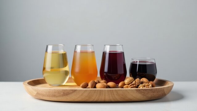 An assortment of beverages in clear glasses, accompanied by a selection of nuts, elegantly arranged on a wooden serving tray.