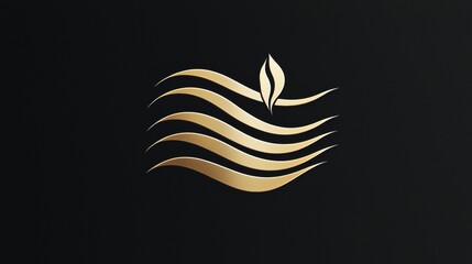 Obraz premium Elegant gold waves with a leaf design create a serene logo on a dark background