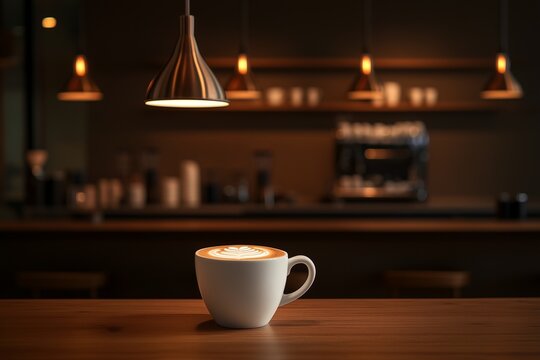 A warm caffa ambiance with a latte in a white mug, placed on a wooden table under pendant lighting.