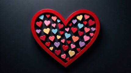 Fototapeta premium A Red Wooden Heart Frame Filled with Colorful Small Hearts on a Dark Background