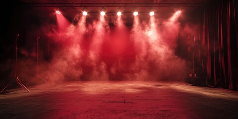The dark stage shows, dark red background, an empty dark scene, neon light, and spotlights The concrete floor and studio room with smoke float up the interior texture for display products. 