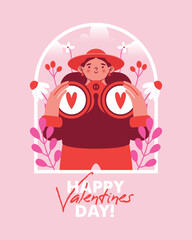 Cute young woman in hat holding big binocular among plants, leaf and berries. Funny card to Saint Valentine's Day. Flat naive style. Modern vector illustration with cartoon female person in love.	