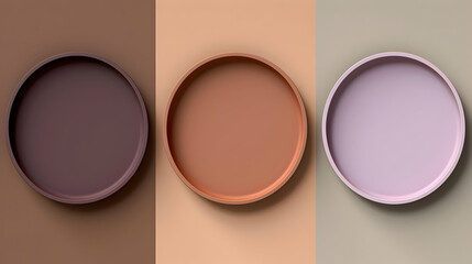 Fototapeta premium Three circular plates in muted colors against a smooth background.