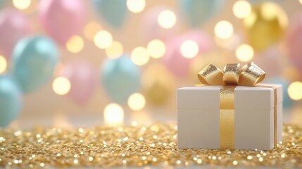 Brightly colored gift boxes are surrounded by balloons and shimmering decorations, enhancing the festive mood for an upcoming celebration