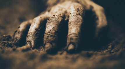 A sinister zombie is seen crawling through dirt in darkness, with its grimy hand reaching out, creating a chilling atmosphere