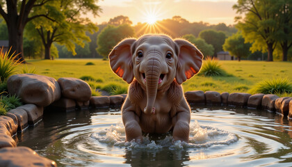 Playful baby elephant splashing in pool at sunset, joyful Zoo season
