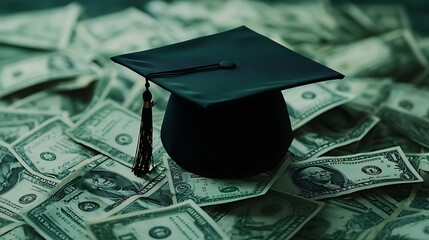 A black graduation cap rests atop a pile of dollar background