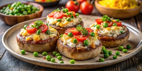 Savory rice, tomato, pea, and corn stuffing bursts from cheesy mozzarella-topped mushrooms.