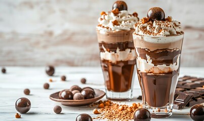 Chocolate milkshake with cream and chocolate candies on wooden background