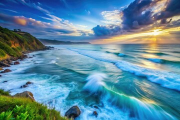 Fototapeta premium Serene blue seascape: misty waves, long exposure captures coastal calm, a tranquil nature wallpaper.