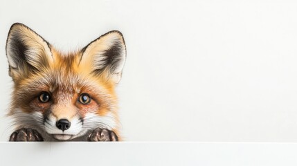Obraz premium A red fox curiously peeks over a flat white surface, displaying its keen interest and playful personality in a serene environment