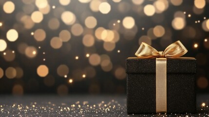 A beautifully wrapped gift box with a golden ribbon sits against a backdrop of shimmering lights, perfect for celebrating memorable moments