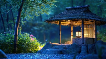 Naklejka premium Tranquil Bamboo Garden with Lantern at Dusk