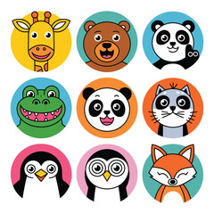 Rounded Animal Face Vector Illustration, vector illustration of animal faces. smiling giraffe, bear, panda, crocodile, cat, seal, owl, penguin, and fox
