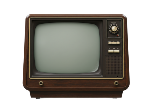 Retro-style television with a wooden frame and control knobs, isolated on a white background