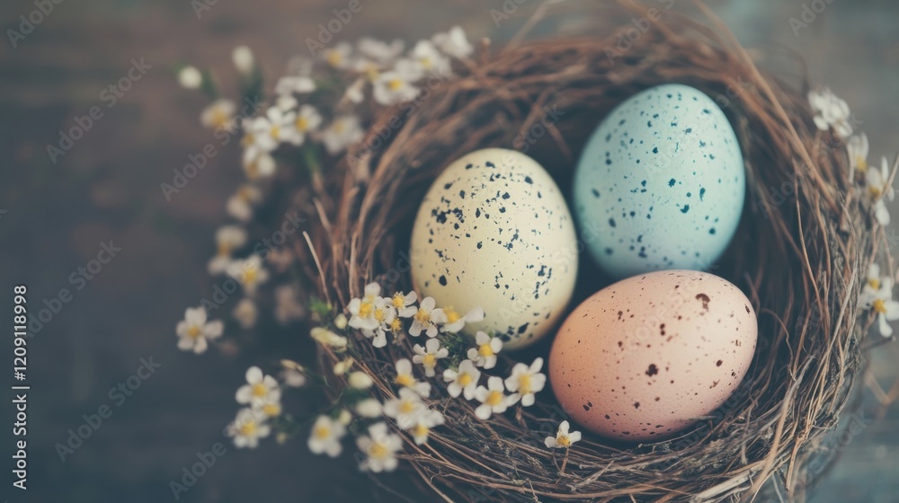 Sticker Colorful Easter eggs in a nest surrounded by delicate flowers create a festive spring atmosphere, celebrating renewal and tradition