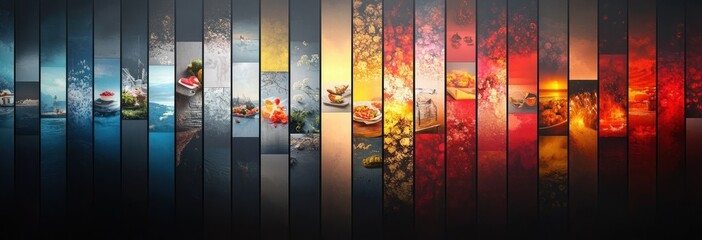 Colorful Multimedia Art Wall Showcasing Technology Food and Lifestyle in Modern Minimalist Style