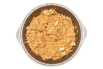 Uzbek pilaf with meat and seasonings.Pilaf with mutton meat background.Homemade lamb pilaf.