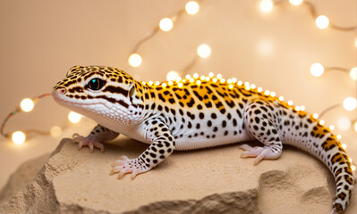 Obraz premium A vibrant leopard gecko soaks up warmth from a festive heat rock adorned with tiny Christmas lights, surrounded by a soft beige backdrop. The gecko's intricate scales and the textured rock