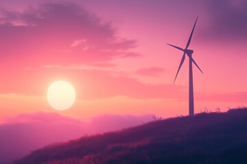 Obraz premium A wind turbine silhouetted against a vibrant, glowing sunrise on a coastal hill.