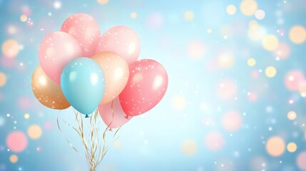 Colorful balloons in shades of pink, blue, and gold stand out against a soft blue background filled with sparkling lights, perfect for any party