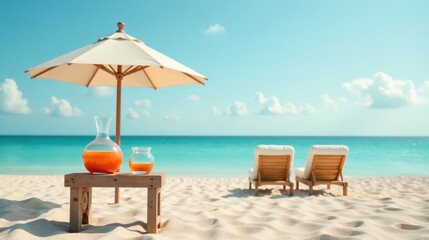 Obraz premium Relaxing Beach Scene with Refreshing Drinks and Lounge Chairs under a Beach Umbrella