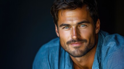 Fototapeta premium Handsome man portrait, studio, dark background, skincare ad