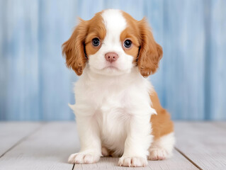 Adorable cavalier king charles spaniel puppy sitting on wooden floor with blue background
