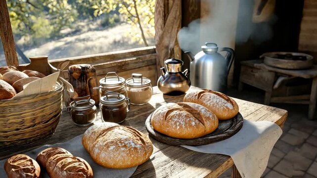 Enjoy the aroma of fresh bread and a rustic kitchen filled with jars and utensils in a serene countryside location