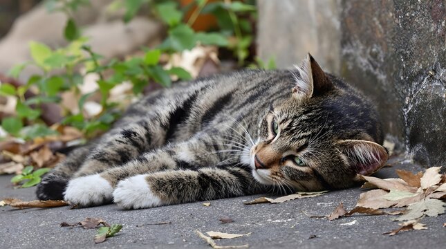 Tabby Cat on Ground, Stray Cat Relaxing Photography for Animal Stock Images