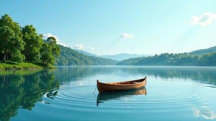 Obraz premium Serene Wooden Rowboat Gently Rocking on a Calm Lake Surrounded by Lush Green Foliage and Misty Mountains