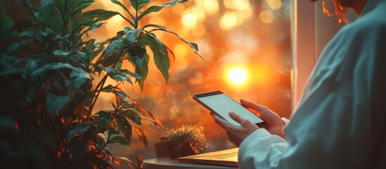 Young man holding smartphone working on laptop in cozy office sitting casual attire freelancer at work