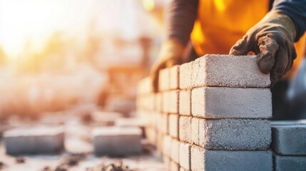 Construction worker carefully places cinder blocks outdoors at a building site during golden hour, highlighting dedication and skill in masonry